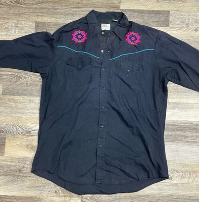 Vintage Ely Diamond Black Western Pearl Snap Shirt Southwestern Embroidery Size 