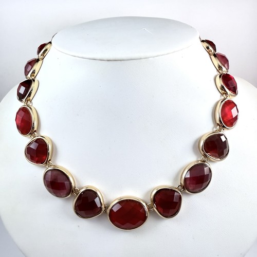 Vintage ANN KLEIN Signed Red & Pink Hues Gold Tone Statement Necklace 20" - Image 1