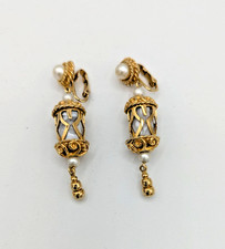 Pendientes de clip colgantes vintage Emmons Magic Lantern MOP tono dorado filigrana