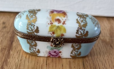 Limoges France  Porcelain Floral Trinket Needle Box with Flower Clasp