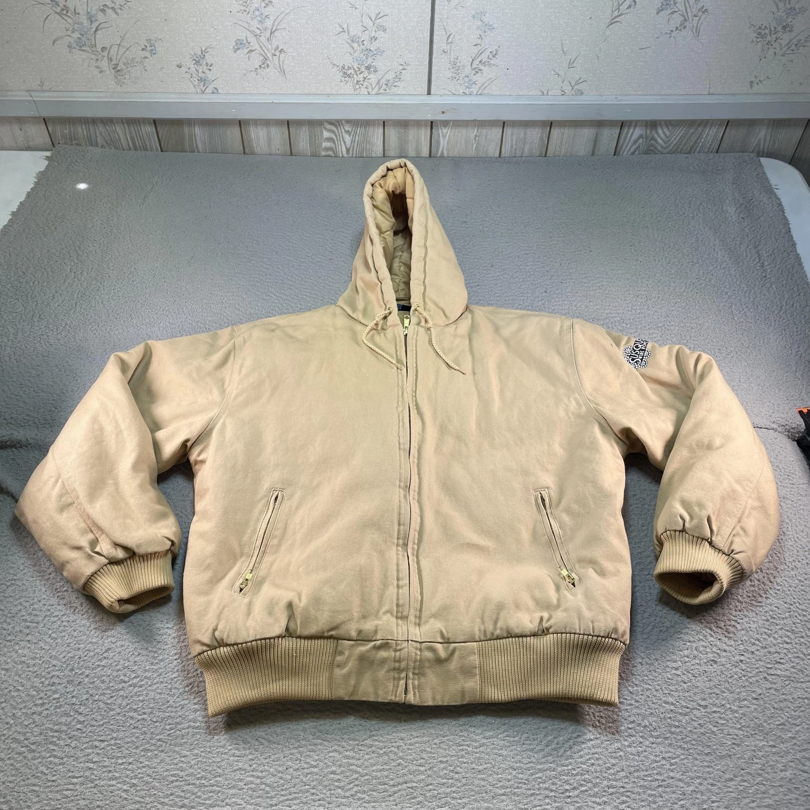 Canvas Bomber Jacket Mens XL Beige Hooded Quilted Insulated Workwear Chore