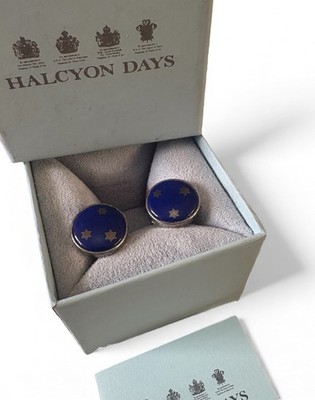 Halcyon Days Cobalt Blue Enamel 3 Silver Star Round Cufflinks w/Box