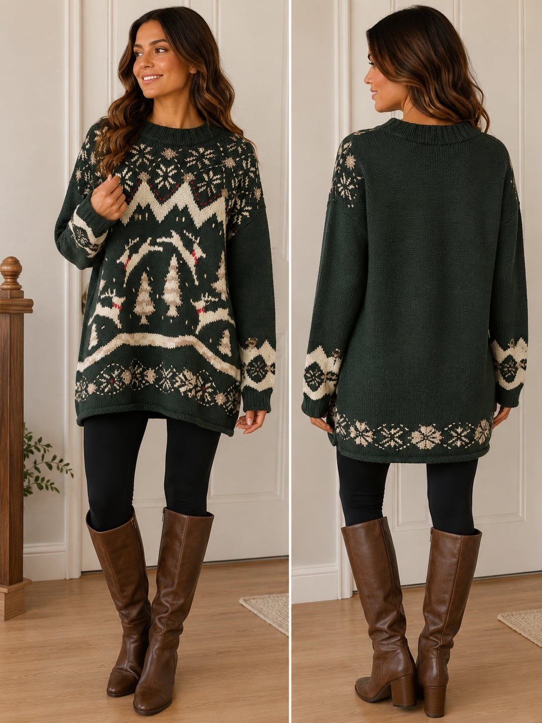 Lauren Hansen Hand-Knitted Green Reindeer and Snowflake Christmas Pullover Sweat