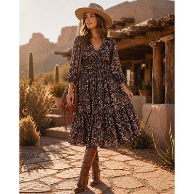 Cleobella Carly Paisley Midi Dress Boho Long Sleeve Tie Waist Prairie Medium