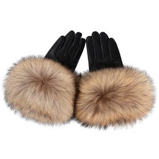 Women Real Lambskin Leather Gloves With Fox Hair Trim Cuff Winter Warm Fluffy