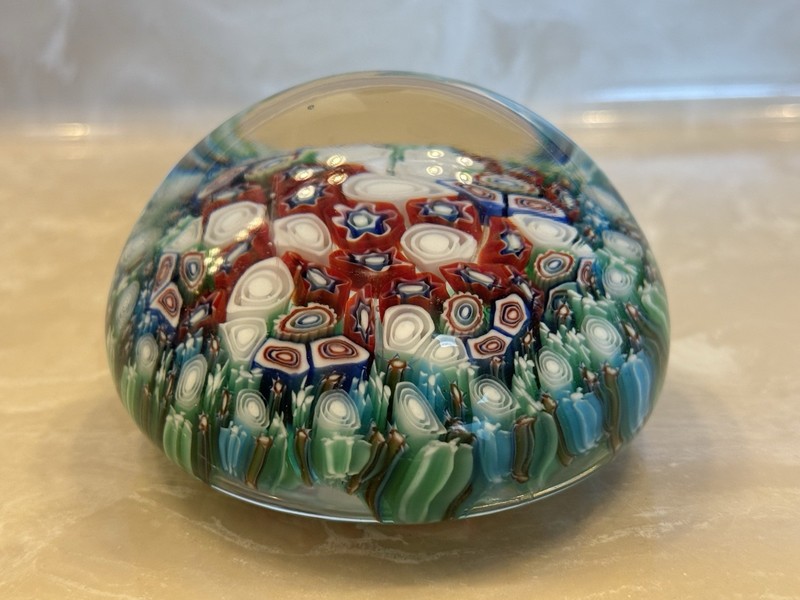 Murano Italy Millifiori Large Concentric Glass Paperweight, 3 1/2“ Diameter