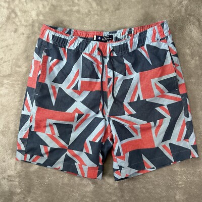 Ben Sherman Men's L Swim Shorts Blue Red Geometric Print Unlined Board Shorts