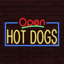 NEW "OPEN HOT DOGS" w/BORDER 33x18x1 INCH LED FLEX WINDOW/WALL INDOOR SIGN 35519