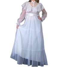 Vintage 70s White Lace Ruffle Prairie Wedding Dress Sheer Size 8 Cottage Core