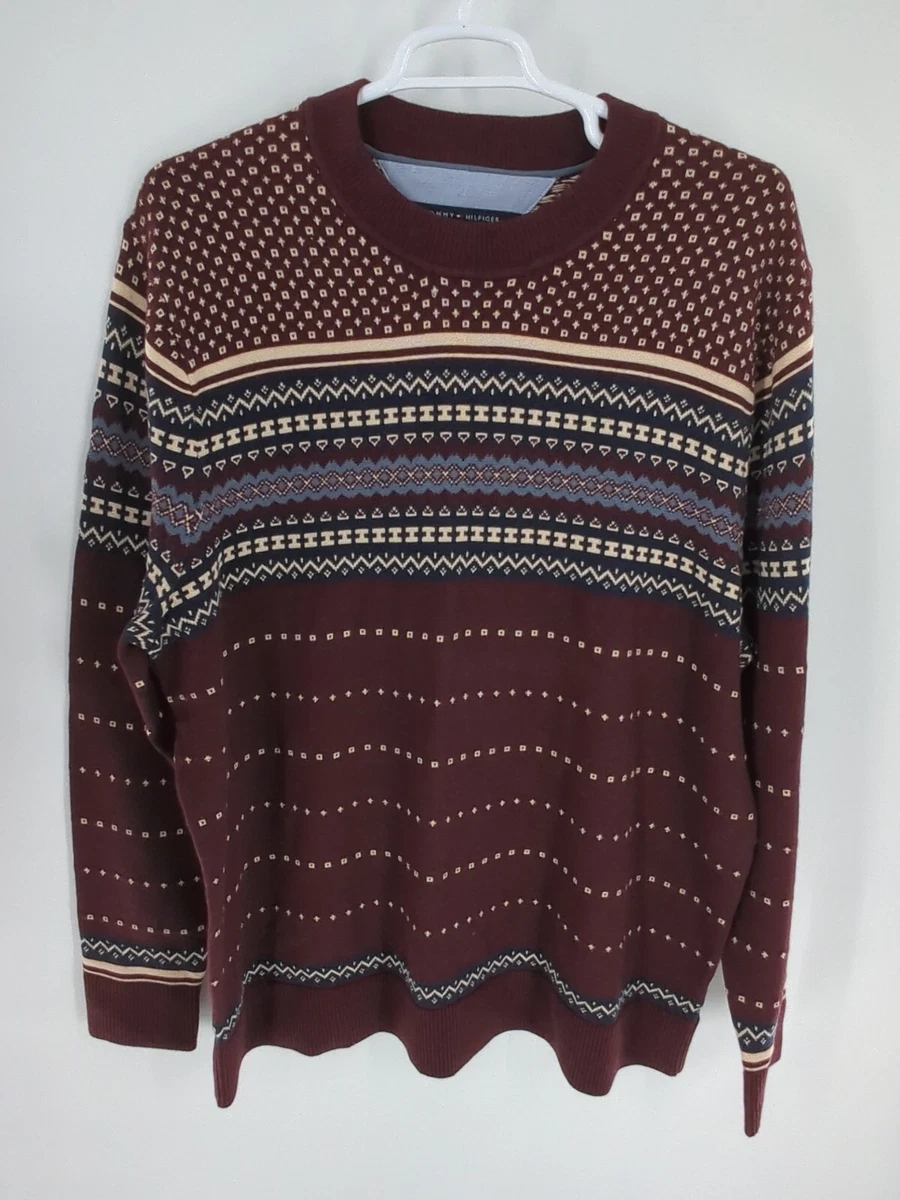 Tommy Hilfiger Men s 2XL Tall Sweater Fair Isle Burgundy Blue Pima Cotton Wool