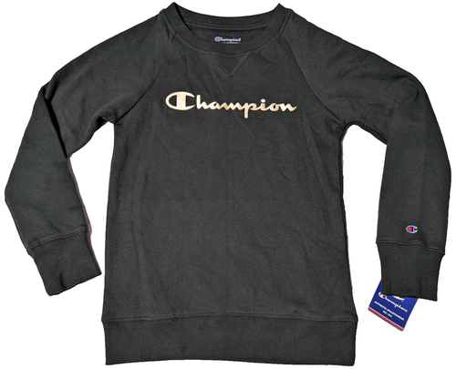 CHAMPION Big Girls Medium (10-12) Black + Gold Script Logo Fleece Sweatshirt NEW - 第 1/18 張圖片