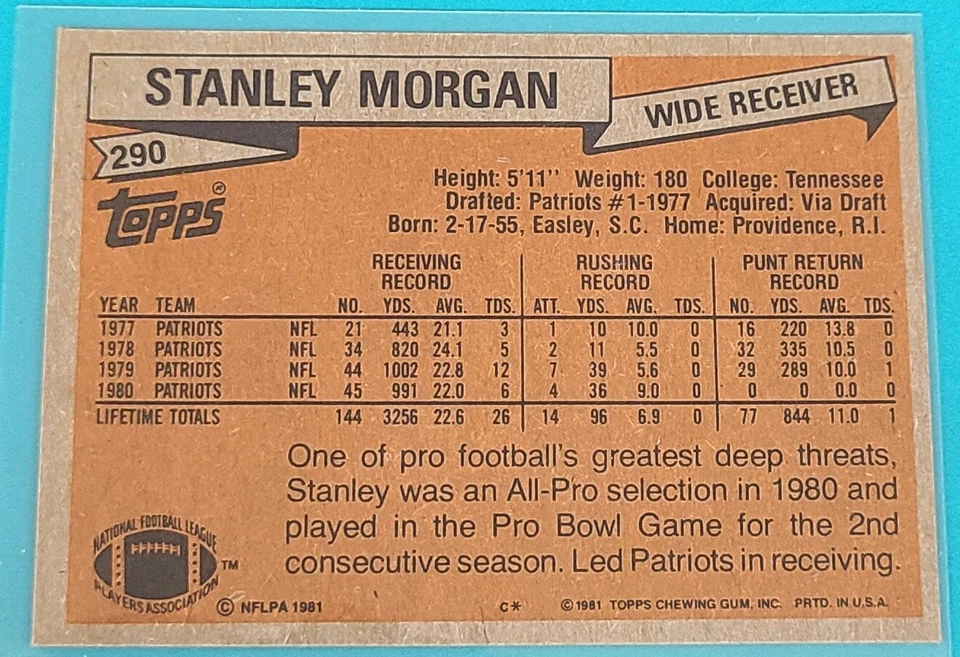 1981 Topps    AP #290 Stanley Morgan New England Patriots Football Card R5 - Image 2 of 2