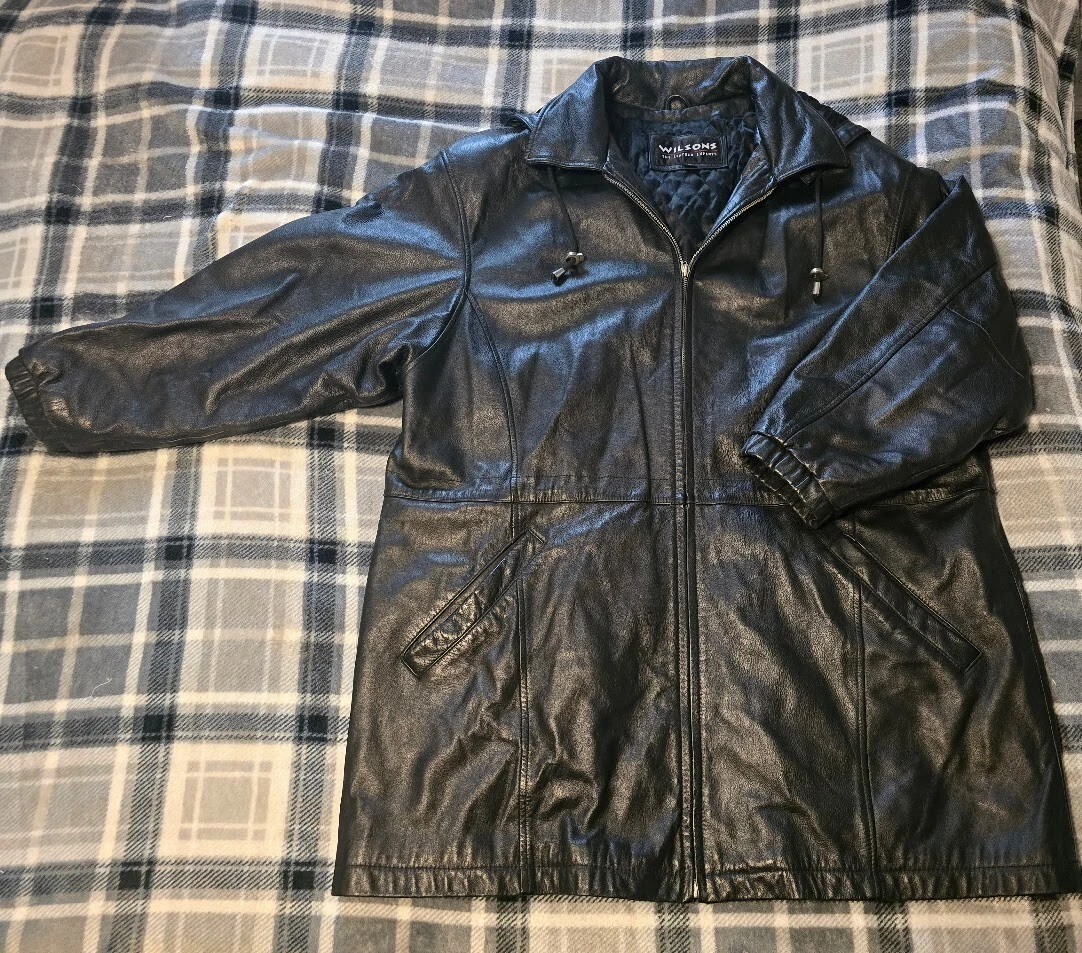 Wilson Black Leather Jacket Full Zip Lined Removeable Hood Size XL