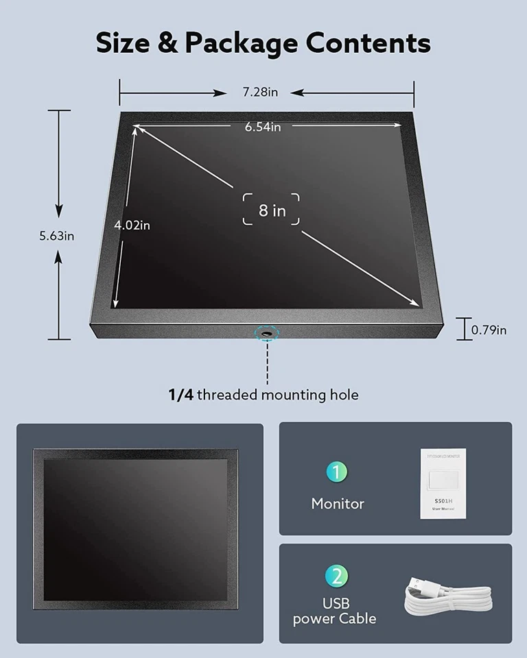 Eyoyo 8inch Car Monitor 5V 1024x768 IPS LCD Screen HDMI VGA AV Gaming Display - Image 3 of 4