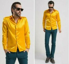 Men's Faux Silk Satin Shirts Tops Blouses Performance Party Dress Nightclub Chic