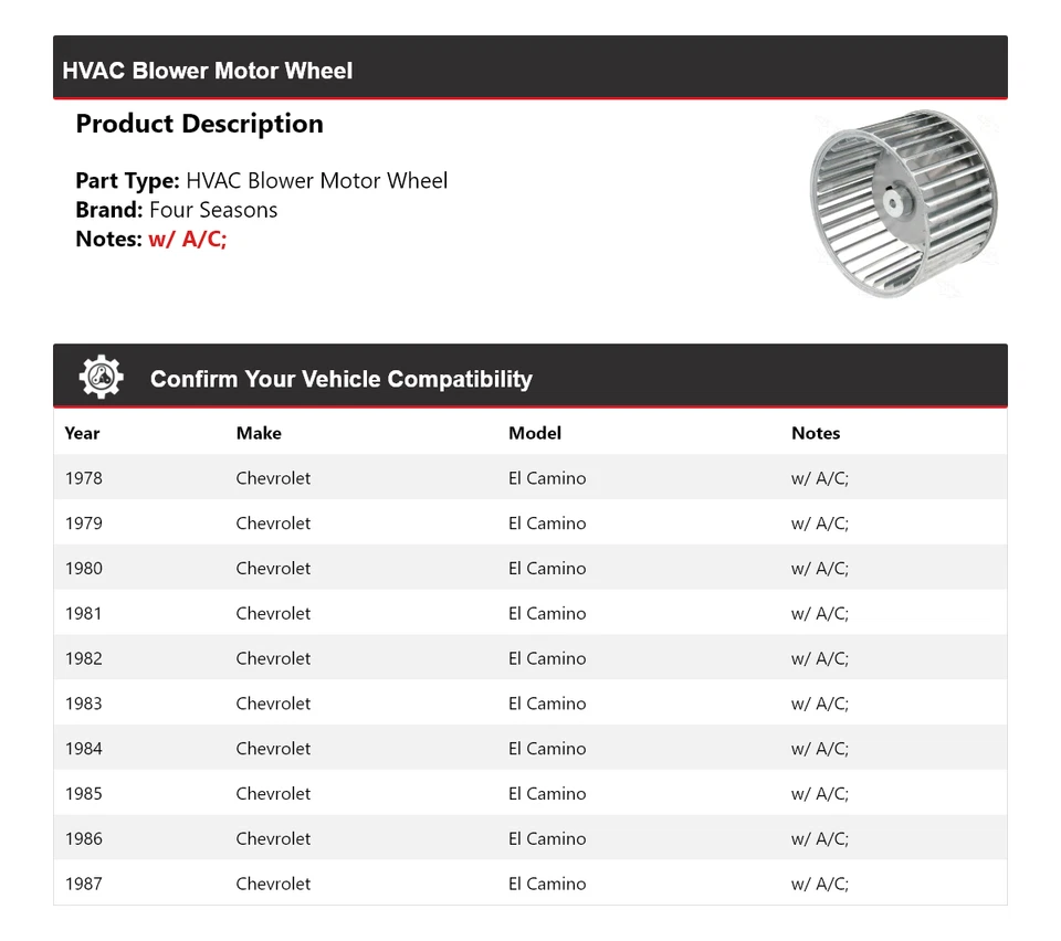 Soplador de climatización para Chevrolet El Camino 1978-1987 rueda motor 4 estaciones 1979 1980 Foto 2 de 4