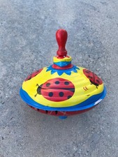 Vintage LBZ Spinning Top Toy Tin Metal W Germany Lady Bug Decor Red Wooden Knob
