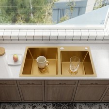 Undermount Double-Bowl Kitchen Sink, Multifunctional Stainless Steel Sink, Gold