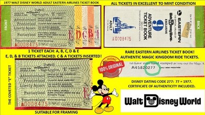 1977 Walt Disney World Adult EASTERN AIRLINES Ticket Book A B C D E Tickets  E3