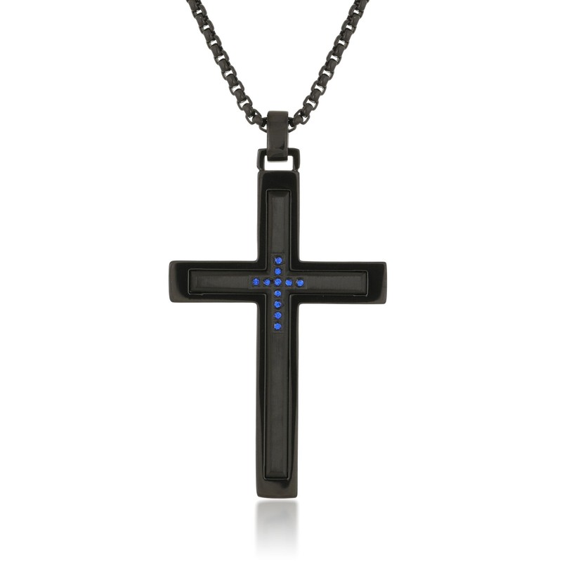 Stainless Steel 0.06 Carat Blue Diamond Cross Pendant Necklace Black IP - 24"