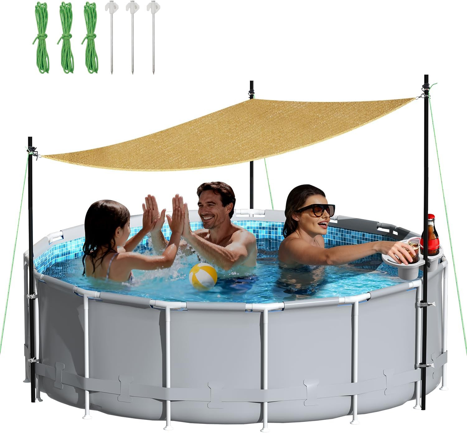 Juego de sombrilla con dosel de piscina sobre el suelo con bandeja de almacenamiento - Sombra de piscina vela triángulo