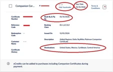 Delta Airlines Companion Certificate 1 Passenger flies Free! Expires 01/31/2026