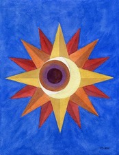 Original Geometric Watercolor Painting Sun Eye Moon Symbolic Art 7.8x10.25