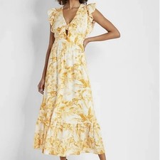 NWT $108 Express Yellow Floral Maxi Dress Linen Blend Tie Front Flutter Sleeve