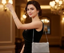 Unique Bargain Sparkling Silvery Rhinestone Evening Clutch & Shoulder Bag/Chain