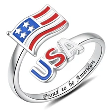 Independence Day Gift Sterling Silver American Flag Ring Patriotic Jewelry fo...