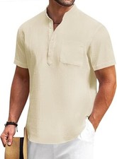 COOFANDY Men's Cotton Linen Henley Shirt Short Sleeve Hippie Casual Beach XL
