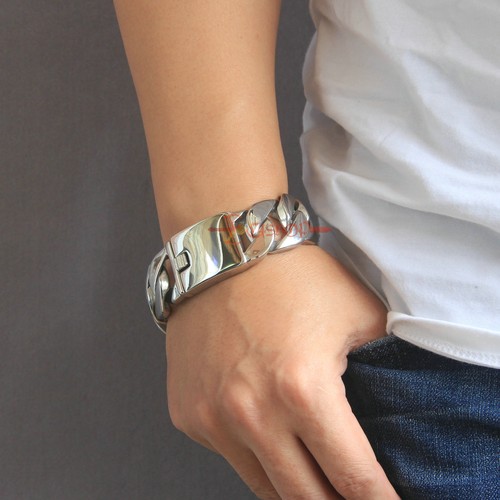 Men's Chunky Heavy Silver Curb Cuban Link Chain 316L Stainless Steel Bracelet - Picture 6 of 8