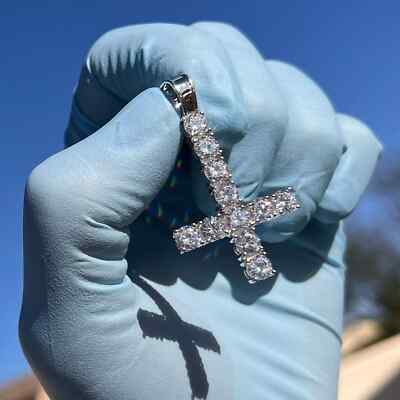 2 Ct Round Cut Real Moissanite Down Cross Shape Pendant 14K White Gold Plated