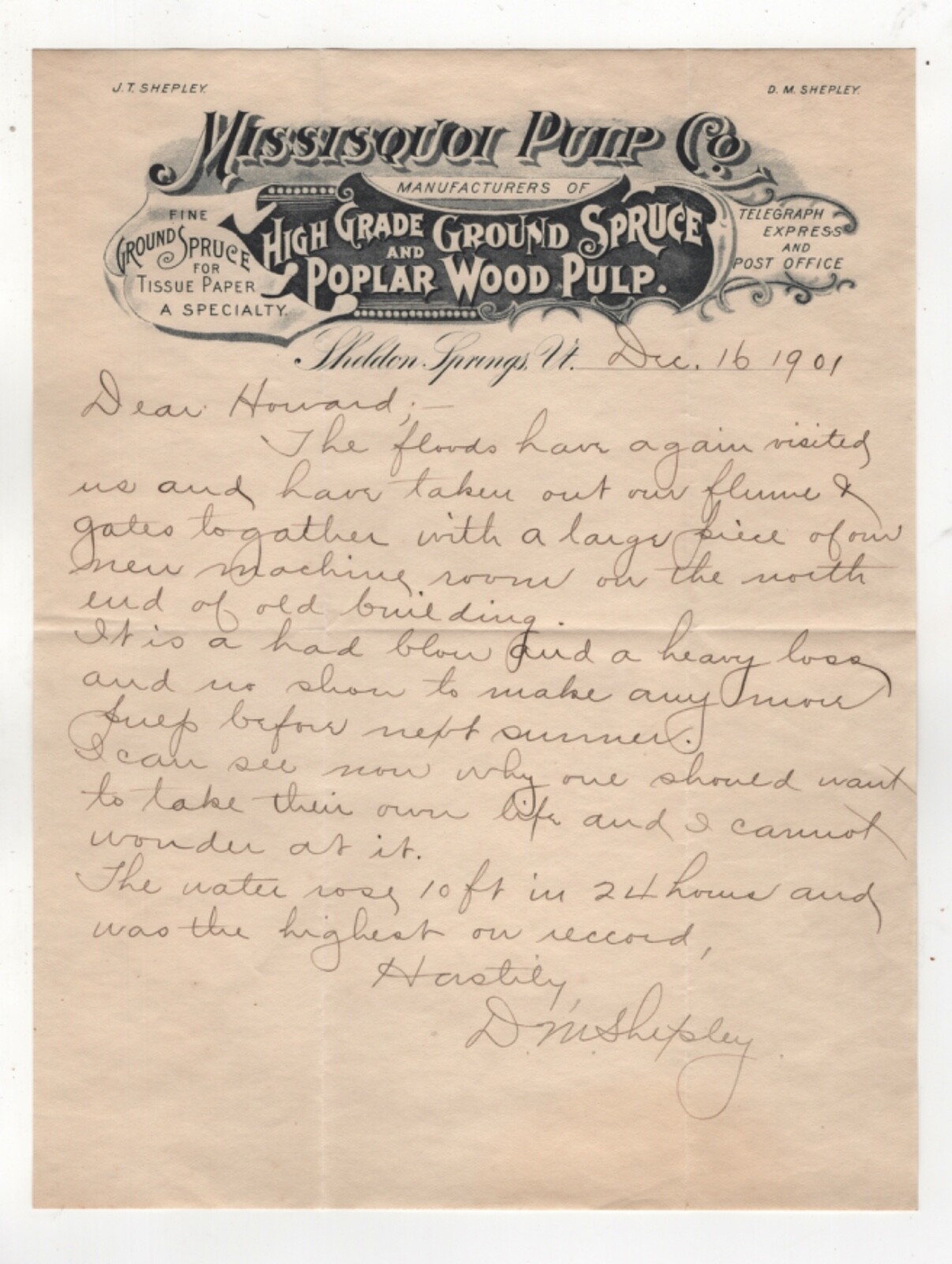 1901 MISSISQUOI PULP CO LETTERHEAD SPRUCE WOOD PULP SHELDON SPRINGS VT