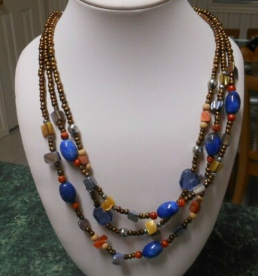 #ad Stone and Bead Necklace Three Strand Adjustable NWT $16.72