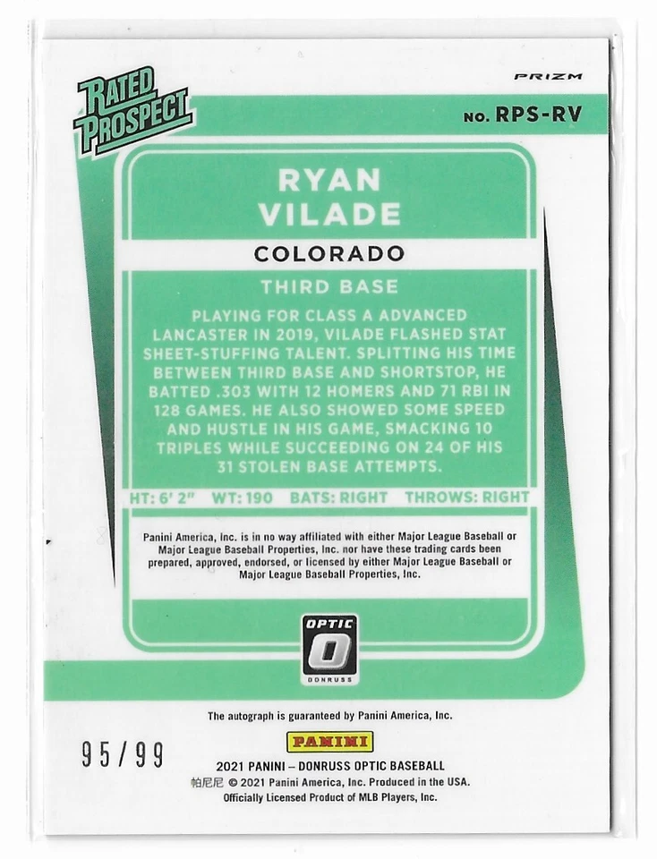 2021 Donruss Optic Blue Mojo Prizm Autograph #RPS-RV Ryan Vilade /99 Prospect RC - Image 2 of 2