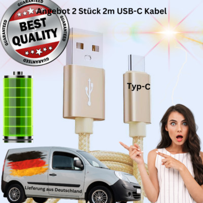 2 Stück 2m Nylon USB Typ C Ladekabel Datenkabel für alle USB-C Handys Universal