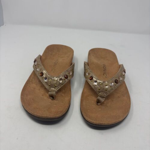 Vionic Shoes Women's 6 Wide Gold Lucia Embellished Comfort Flip Flops Rhinestone