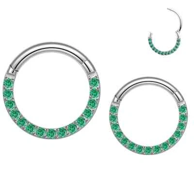Rare 14G 5/16" 3/8" Steel Green Front CZ Gem Hinged Clicker Nose Septum Ring