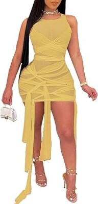 Women Sexy Sleeveless Mesh Tied Mini Bodycon Dress Club Party Wear Yellow S  | eBay