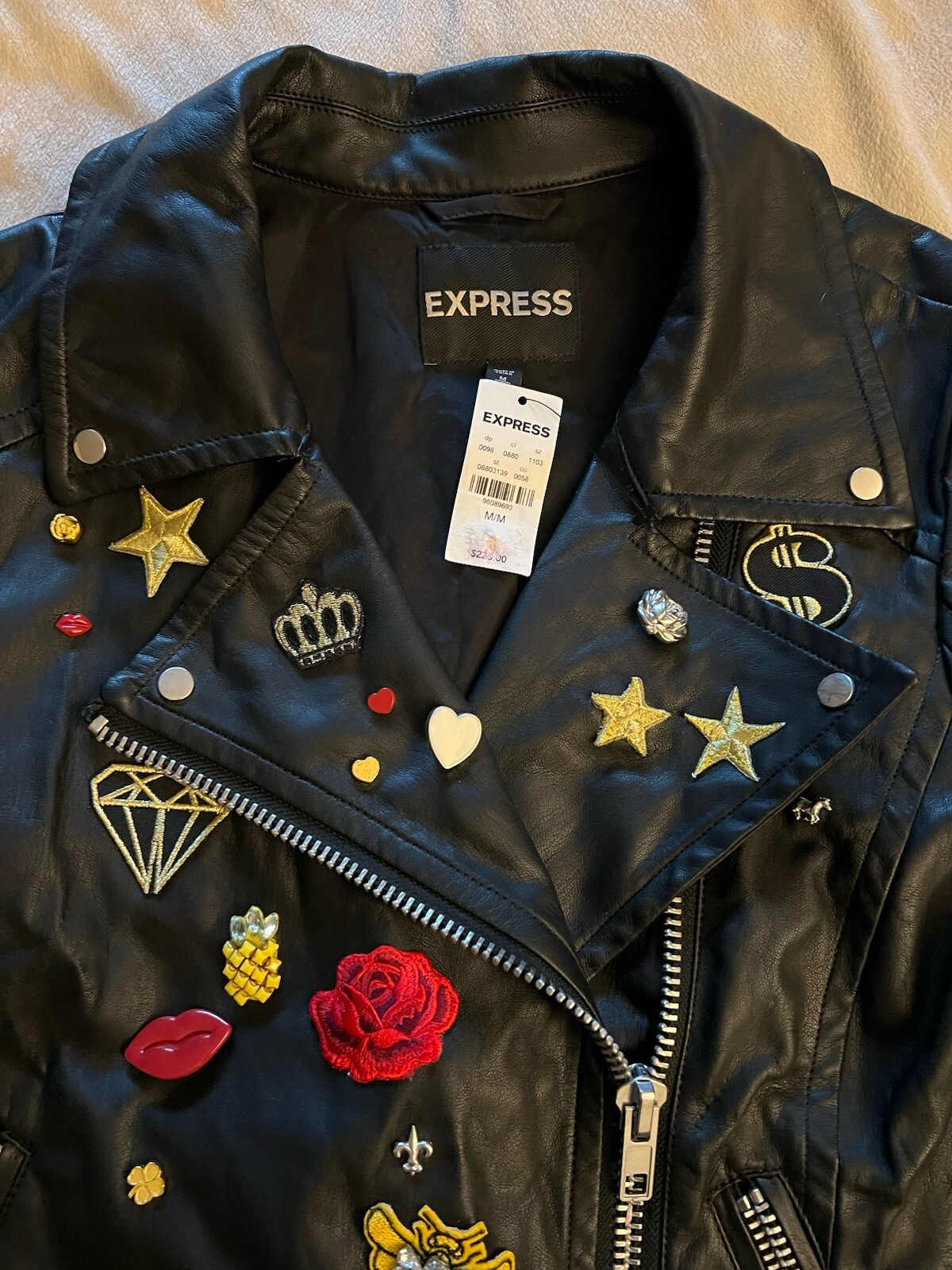 NWTGS Women's Express Faux Leather Biker Moto Jacket Small Black Y2K Patches image 5