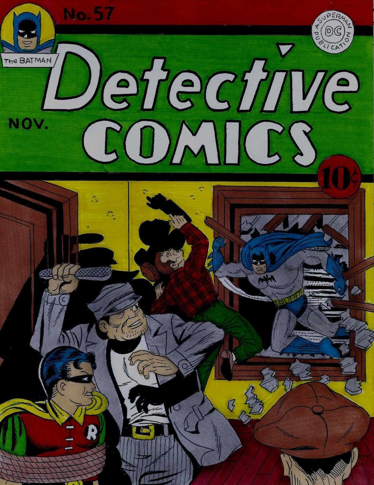 DETECTIVE COMICS # 57 COVER RECREATION 1941 BATMAN ORIGINAL COMIC COLOR ART