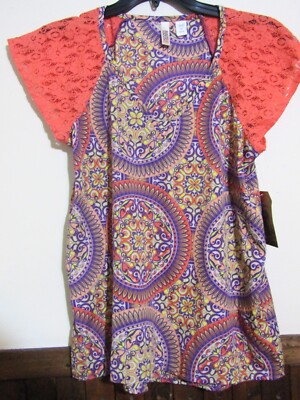 ROUTE 66 WOMANS MEDIUM 8-10 ORANGE/PURPLE CROCHET SLEEVES DRESS/CASUAL TOP NWT