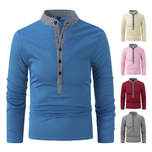 Men's Henley Neck Shirt Long Sleeve Casual Button Fitness Gym Tops T-Shirts US