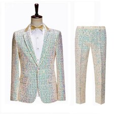 2Pcs Suits Men's Dress Blazers Pants Coat Glitter Sequins Wedding Formal Elegant