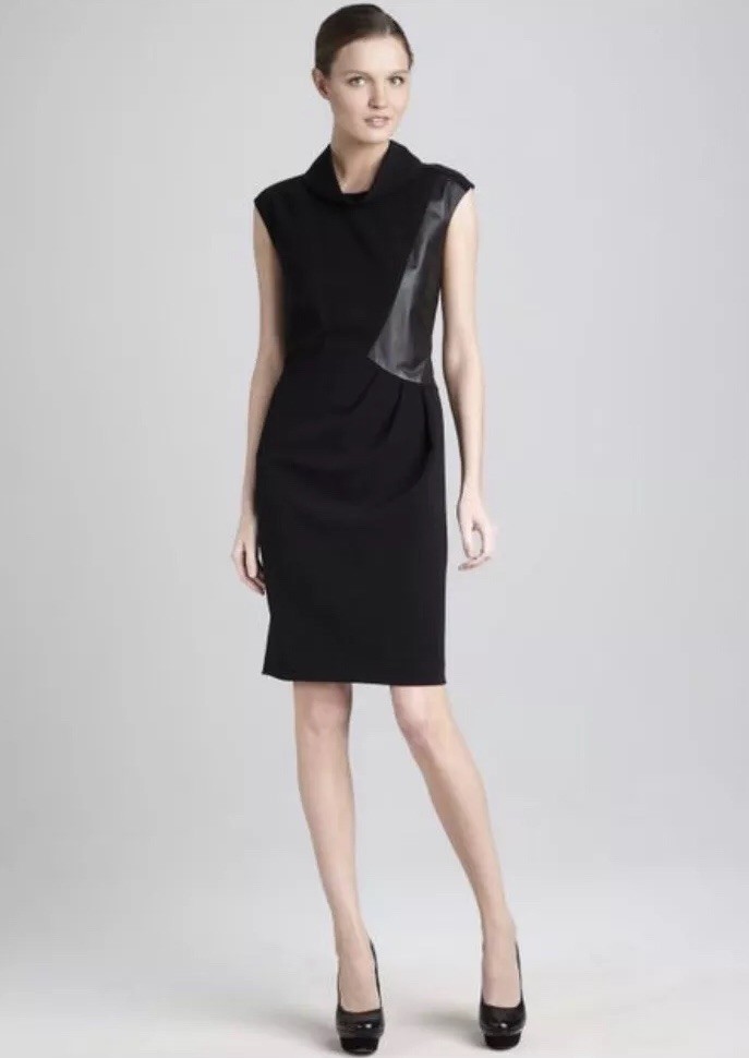 Robe Noire Lafayette 148 Taille 4 – Sans Manches, Longueur Genou, Bordure Cuir, Occasion Très Bon état