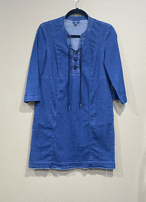 j jill denim dress J. Jill Blue Denim Raw Hem Lace Up Front Dress With Pockets Size Small