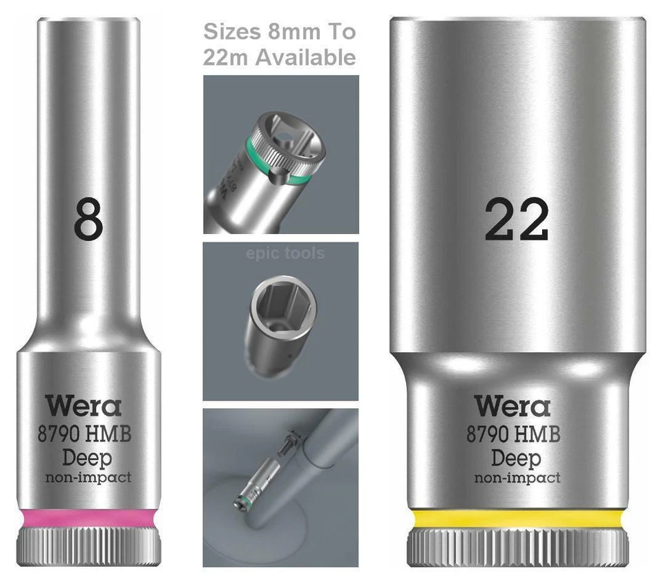 Wera 8790 HMB 3/8" Square Drive Deep Long Hex Sockets, Choose From 8mm To 22mm