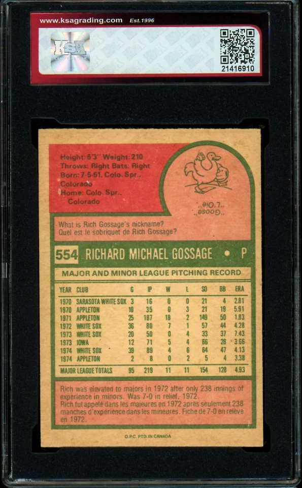 1975 TOPPS OPC O PEE CHEE BASEBALL #554 Rich Gossage HOF KSA 9.5 NGM White Sox - Image 2 of 2