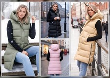 Women’s Longline Hooded Puffer Gilet Jacket Body Warmer Side Pocket Sleeveless